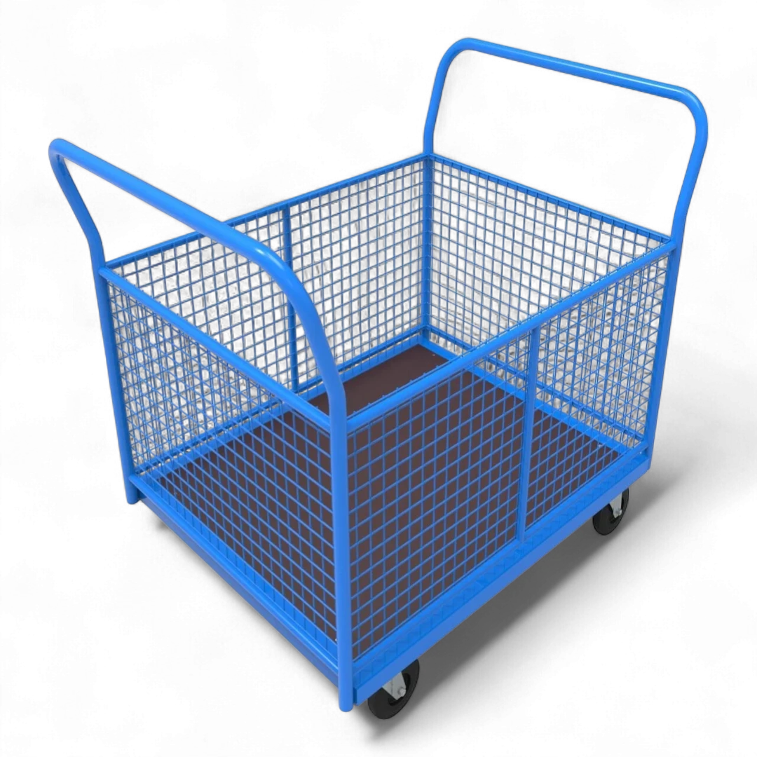 Vierwandwagen mit stabilen Gitterwänden – Sicherer Transportwagen mit vier Seiten aus Gitter für optimalen Ladungsschutz. Ideal für Lager und Industrie.